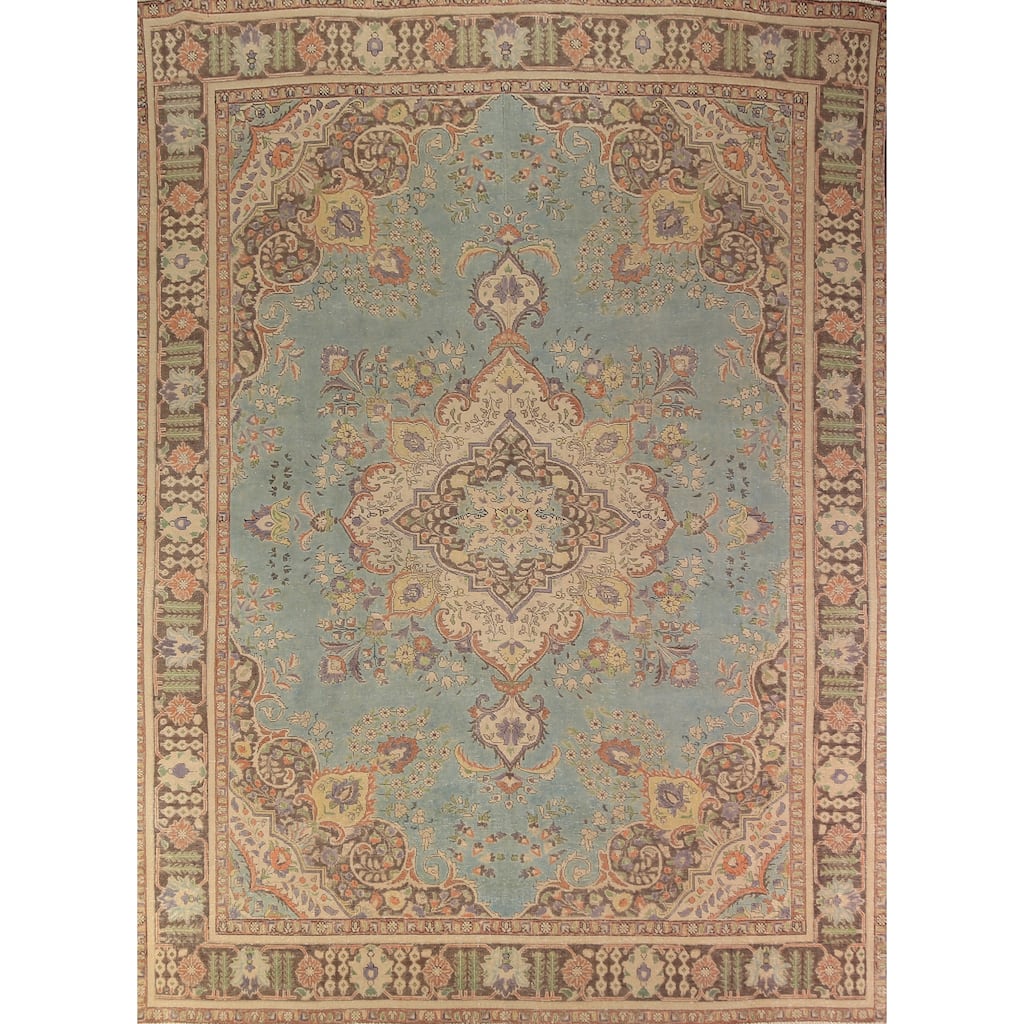 Light Blue Medallion Tabriz Persian Rug Handmade Wool Carpet - 9'7"x 12'10"