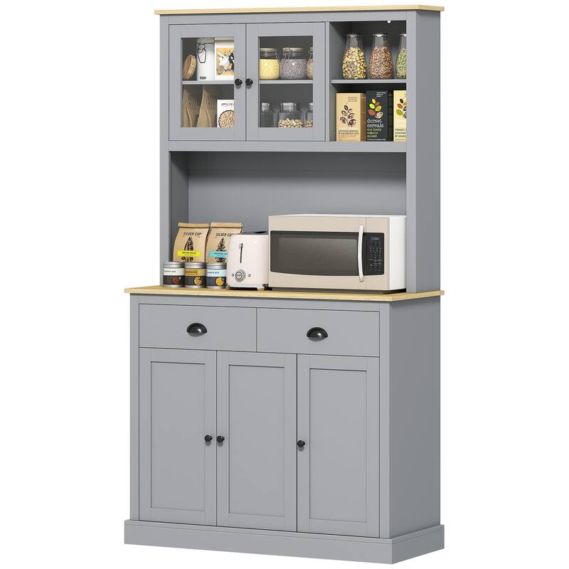 71 Inch Tall Freestanding Pantry Cabinet with Adjustable Shelves Glass Doors and Drawers for Kitchen Storage