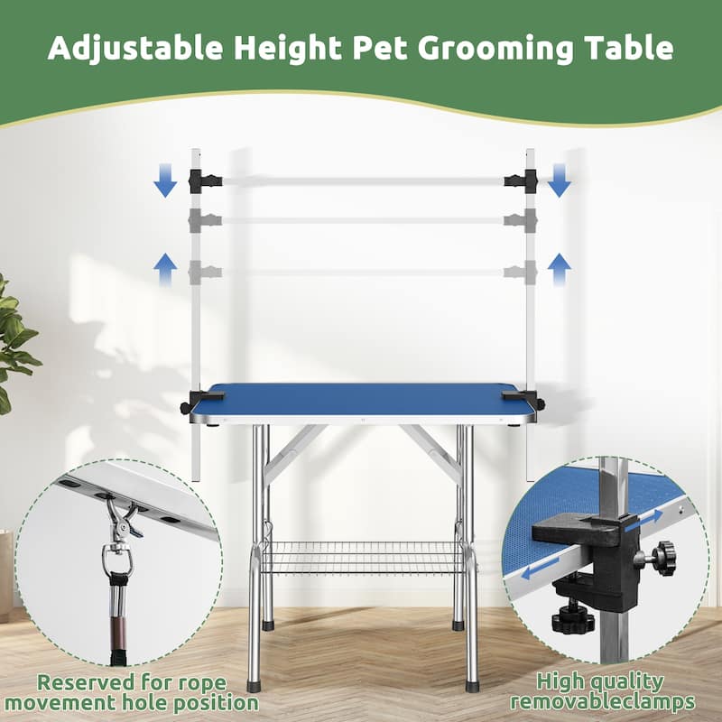 36 Inch Foldable Dog Grooming Table for Home with Adjustable Arm, Noose, Non-Slip Surface, and Storage Mesh Tray