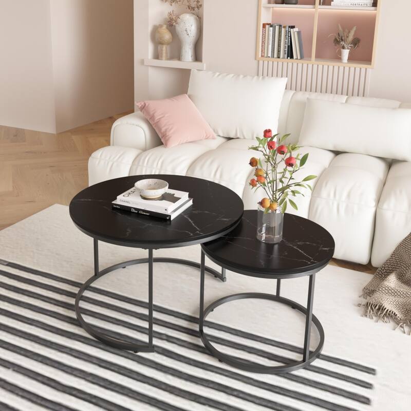 Anmytek Round Nesting Coffee Table Set 2 Piece Wood and Metal Side Tables for Living Room