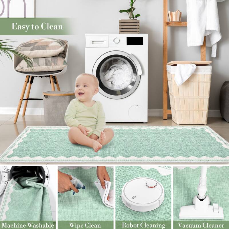 Scalloped Pattern Rugs for Living Room Bedroom Soft Non Slip Low Pile Throw Carpet Washable Foldable Area Rug