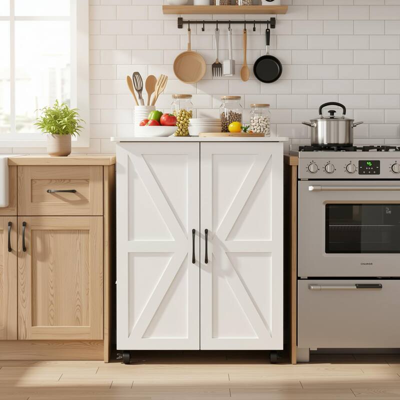 Homy Casa Kitchen Pantry Cabinet Barn Doors Wheels, White Storage - Portable - White - Wood