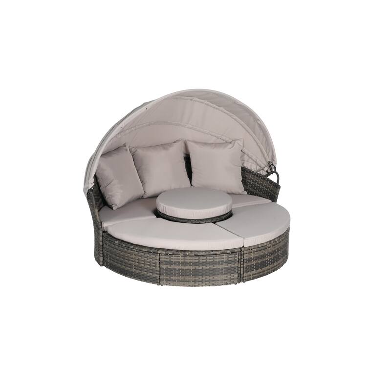 5-Piece Round Wicker Patio Daybed Set with Retractable Canopy, Cushioned Sofa and Ottomans, Hidden Coffee Table