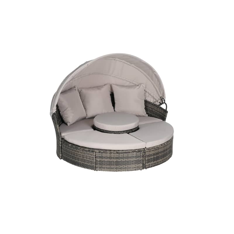 Outdoor Rattan Daybed Round Sunbed with Retractable Canopy, 5 Piece Sectional Patio Conversation Set with Storable Table