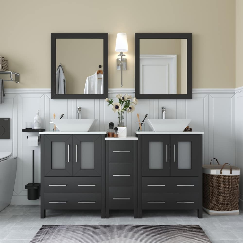 Vanity Art 60" Double Sink Bathroom Vanity Set with Engineered Marble Top and Free Mirror - 60 W X 18.5 D X 31.1 H
