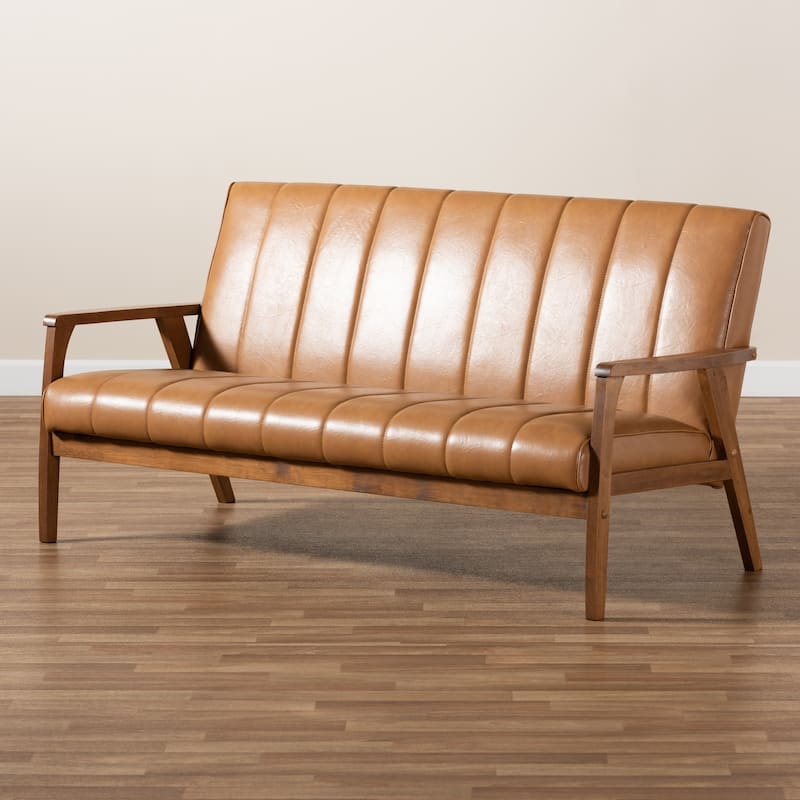 Nikko Tan Faux Leather and Walnut finished Wood Sofa