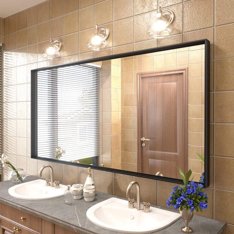 Full Size Metal Frame Wall Mirror Black Tempered Glass for Bathroom - 30x60