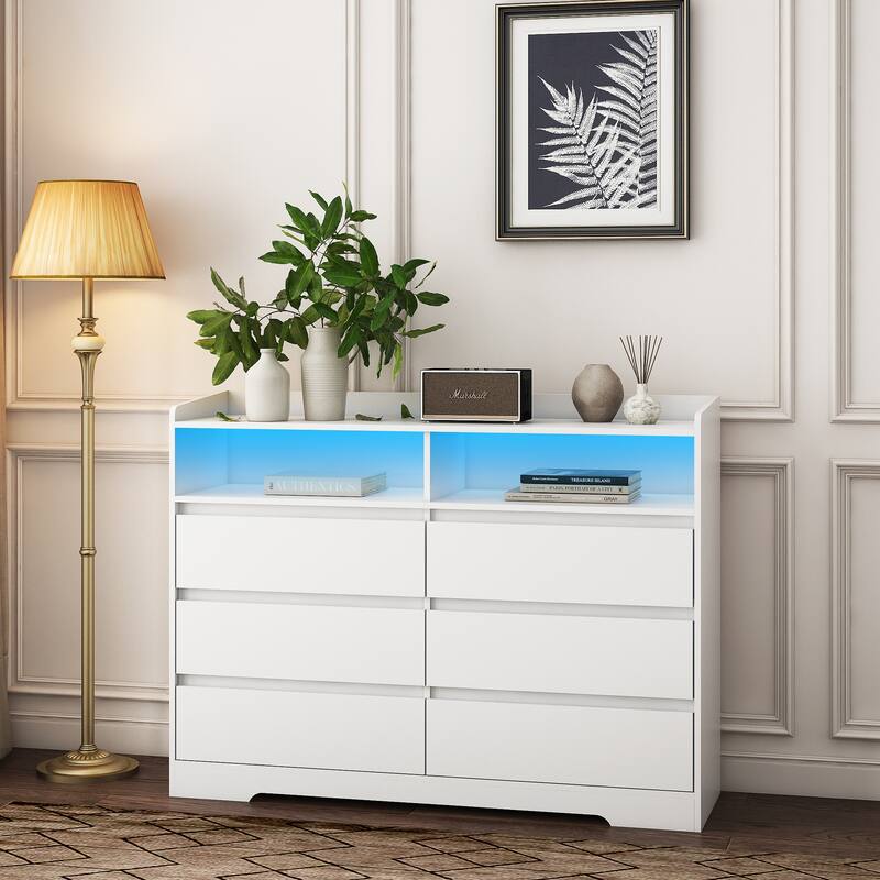 6-Drawer Dresser with LED Lights, Modern Dressers with Sturdy Frame for Living Room