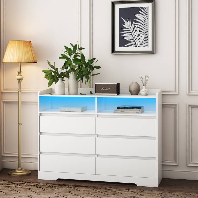 Modern Drawer Dresser with Frame, LED Light 6 Drawers, for Bedroom Living Room Entryway Hallway, White