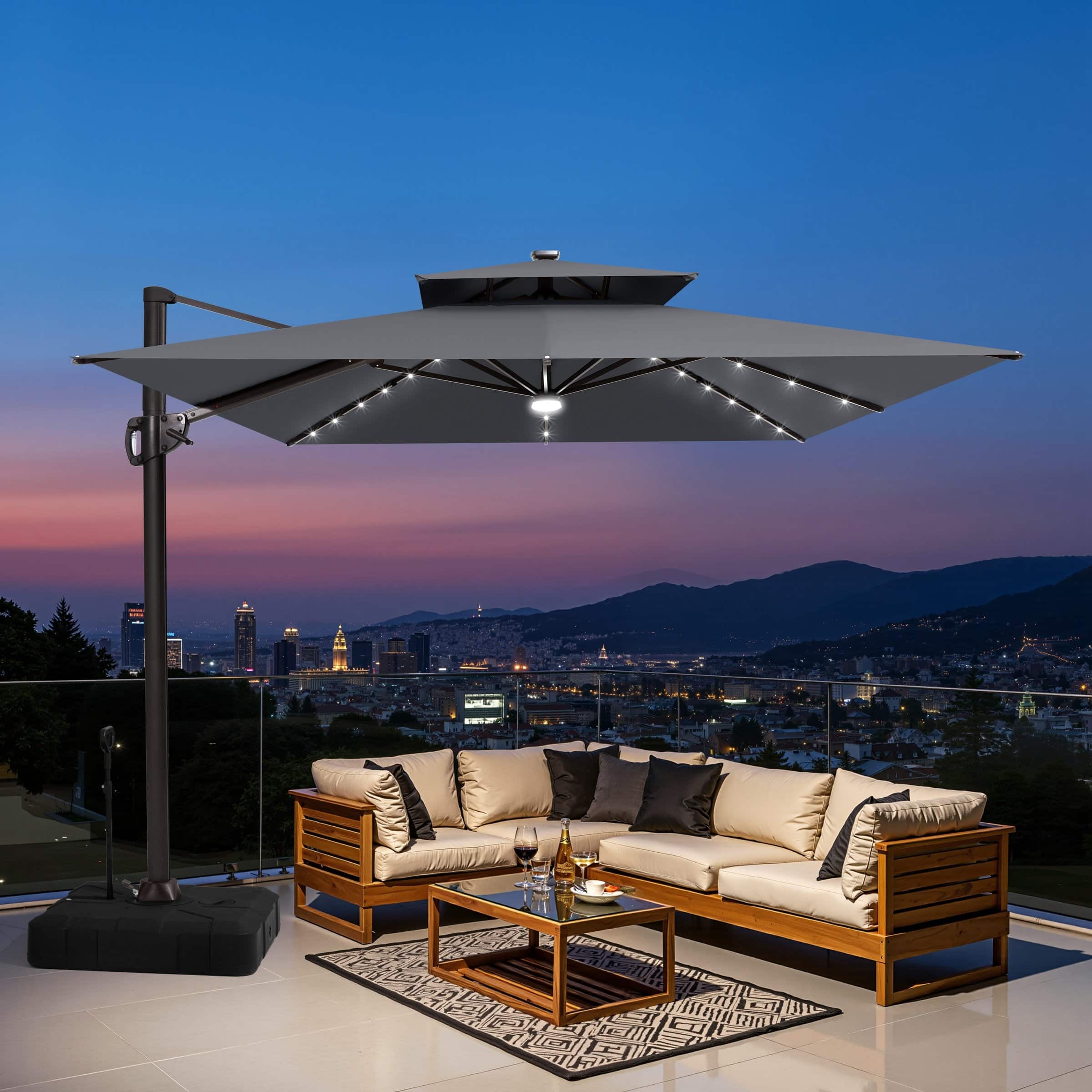 led patio offset umbrella 10FT Square Cantilever 32 Solar Lights in solar panel that stores energy in a removable battery and a USB Tatayosi 10ft Solar LED Offset