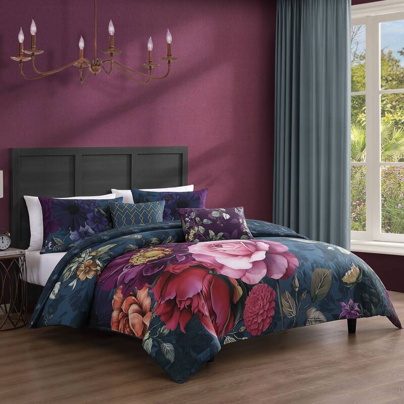 Bebejan Vibrant Flora 100% Cotton Sateen 5 Piece Reversible Comforter Set