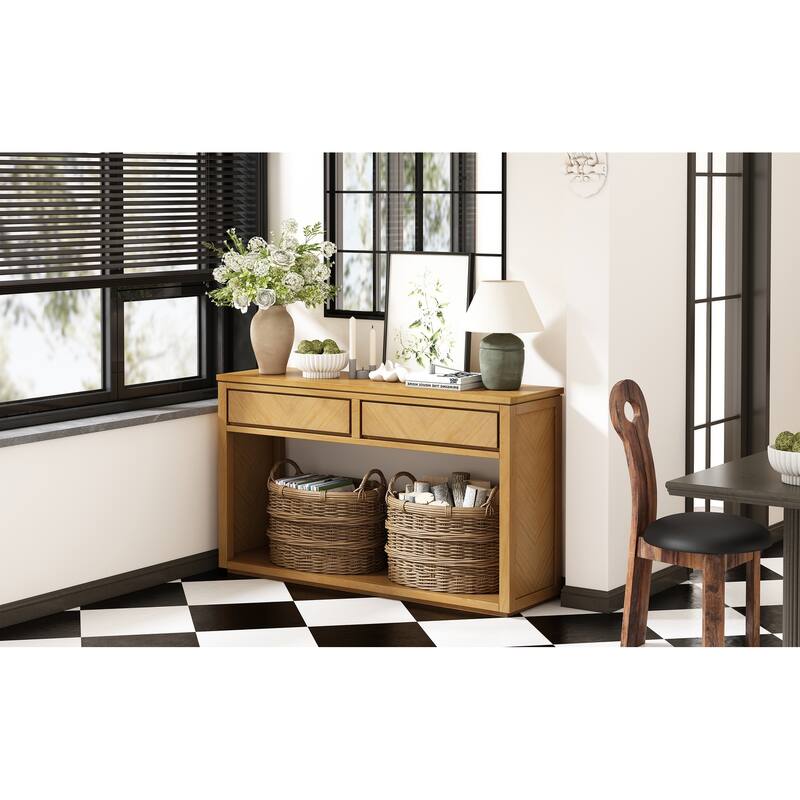 Rustic Wooden Console Table with Drawers and Shelf