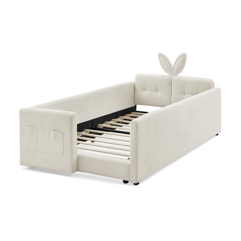 Twin Size Platform Bed Upholstered Bed with Safety Rail and Pocket, Kids Bed with Rabbit Ear, Skin-friendly Boucle Fabric