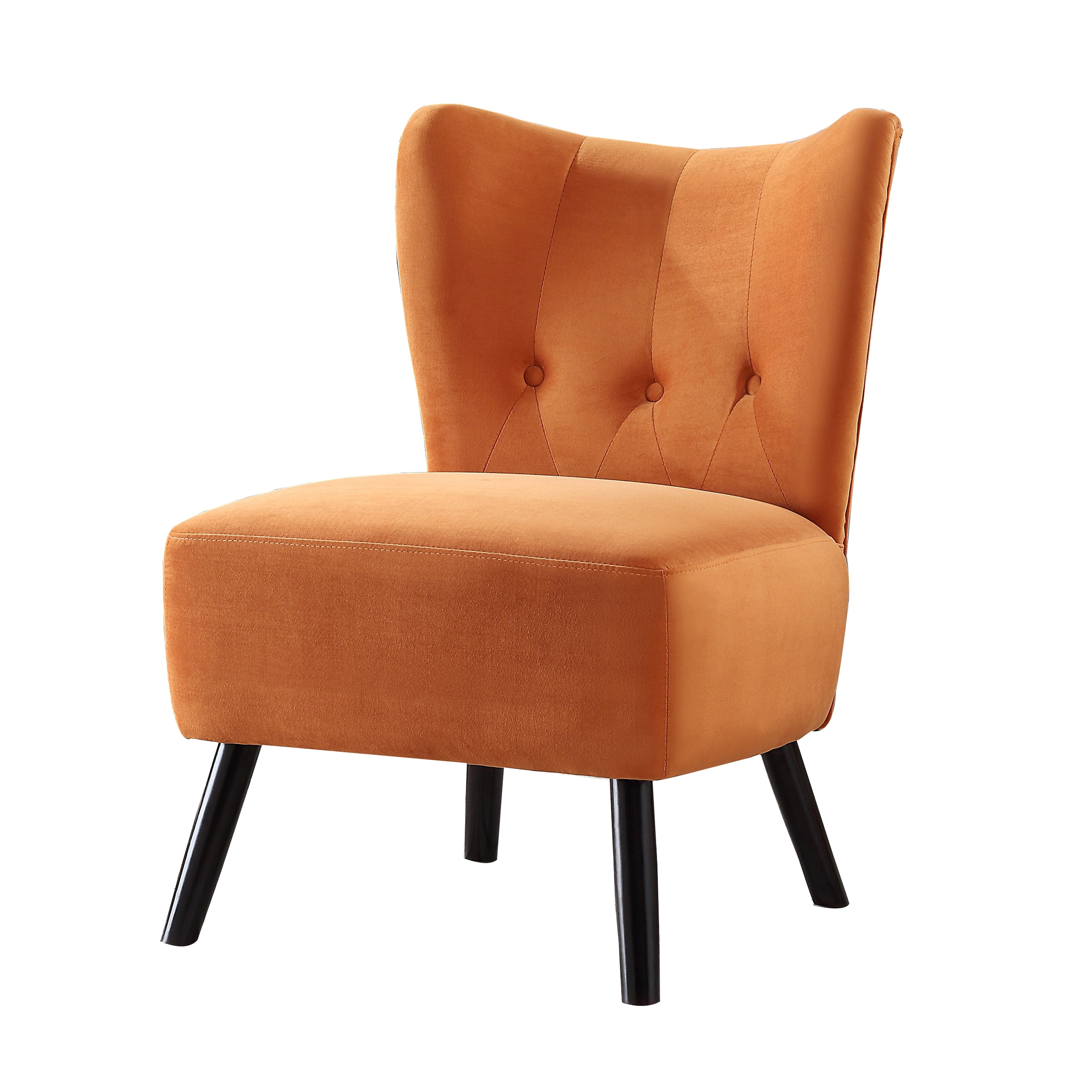 upholstered armless accent chair with flared back and button tufting orange
