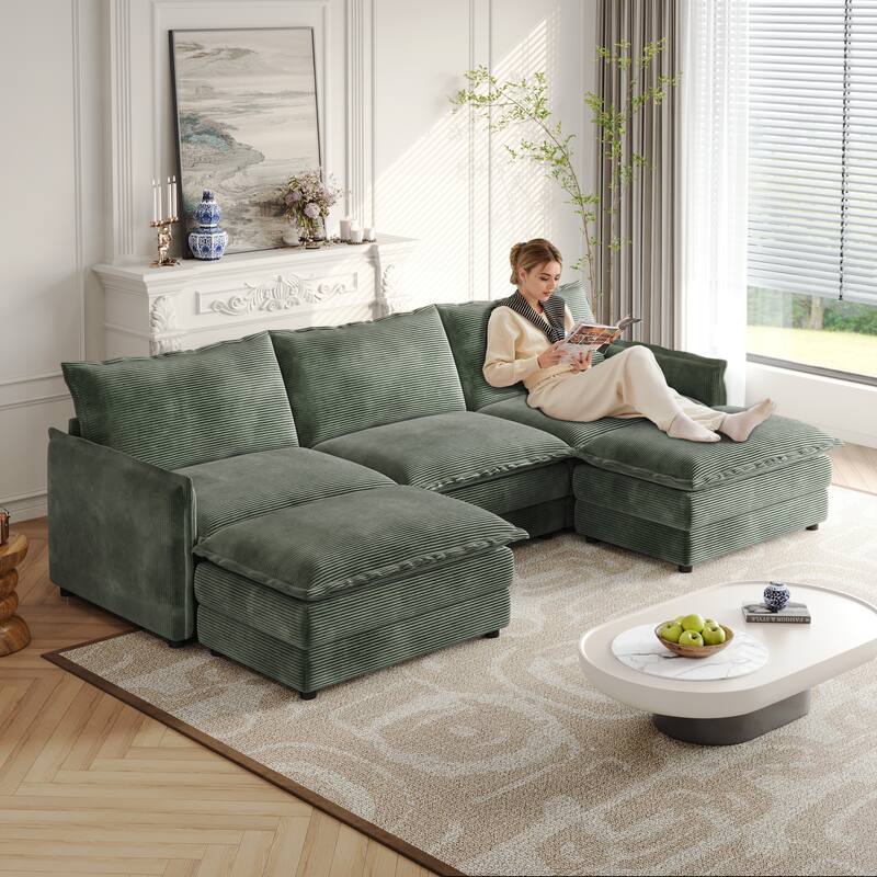 Corduroy Upholstered Modular Sectional Sofa U Shaped Cloud Couches with 2 Ottomans