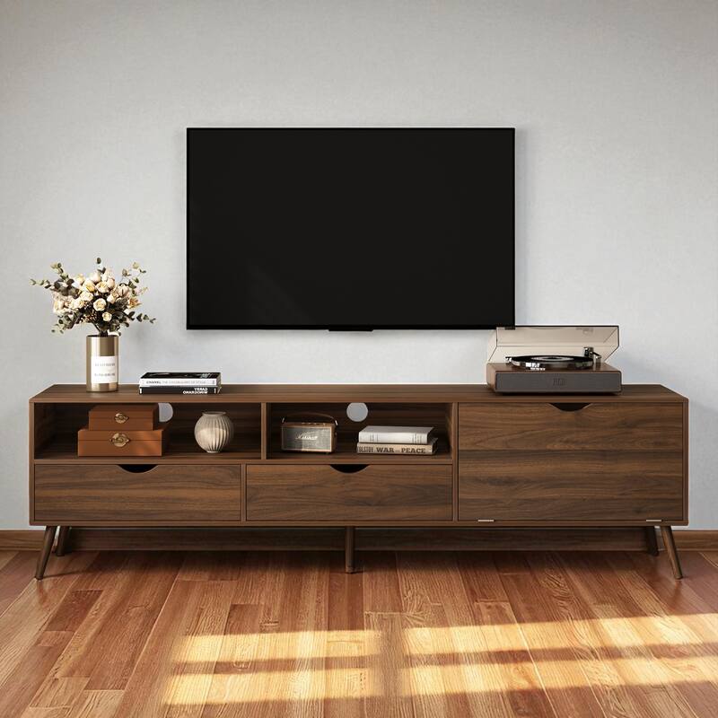 70.8 Inch Mid Century Modern TV Stand with 2 Drawers, Drop-Down Door, Cabinets and Open Storage for TVs Up to 80 Inch - Natural