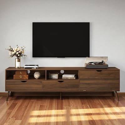 70.8 Inch Mid Century Modern TV Stand with 2 Drawers, Drop-Down Door, Cabinets and Open Storage for TVs Up to 80 Inch