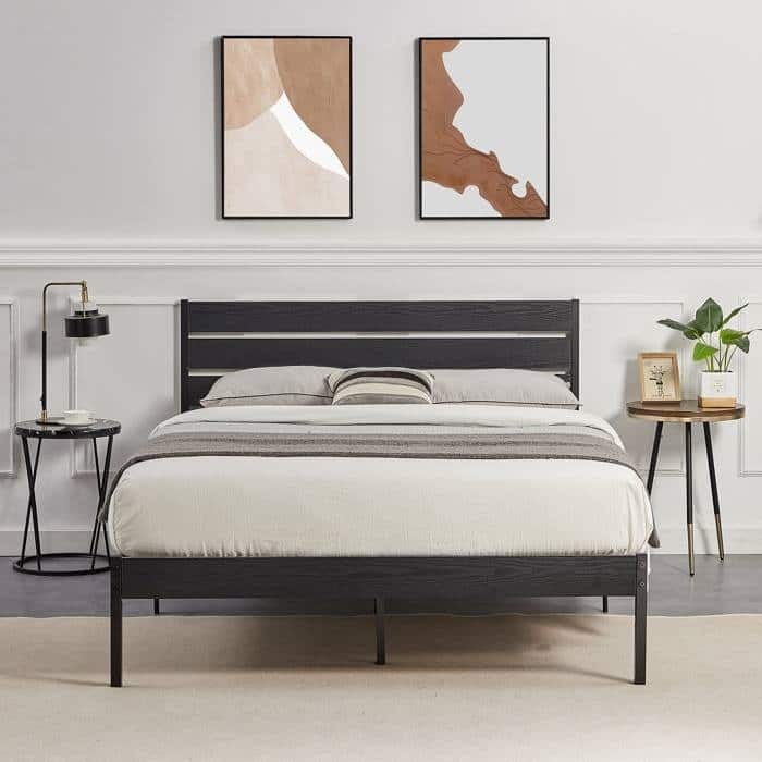 Modern Industrial Platform Bed Frame with Black Oak Headboard