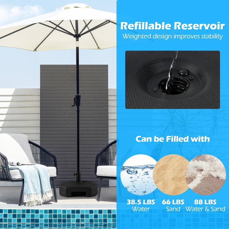 Black Adjustable Outdoor Umbrella Base for 6 to 8 Foot Umbrellas Fillable with Sand or Water Up to 88 lbs - 17" x 17" x 10"