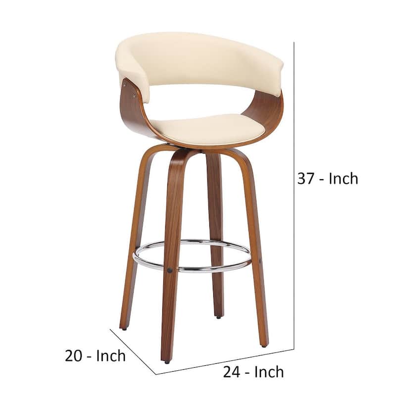 26 Inch Swivel Faux Leather Barstool with Curved Open Back, Brown