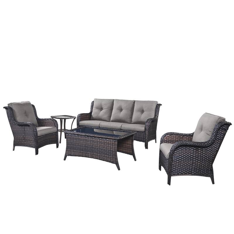 Pocassy 5 Pieces Outdoor Patio 3-Seat Sofa Chairs with Coffee Table