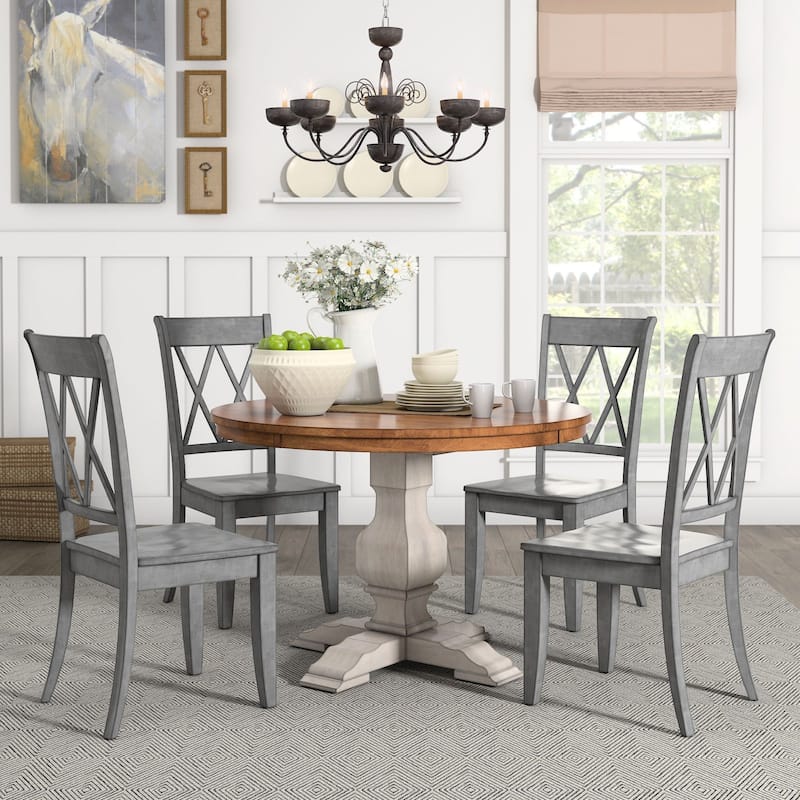Eleanor Antique White Round Solid Wood Top 5-Piece Dining Set - X Back by iNSPIRE Q Classic - Antique White Table - Antique Grey Chairs