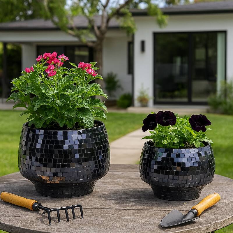 Metal Planters Mirrored Mosaic Surface Modern Accent Home (Set of 2)