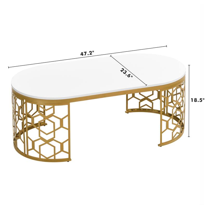 Large Oval Coffee Table, Modern 47.2" Center Table with Cut-Out Metal Stainless Steel Frame, Wide Top Decorative Table for Home