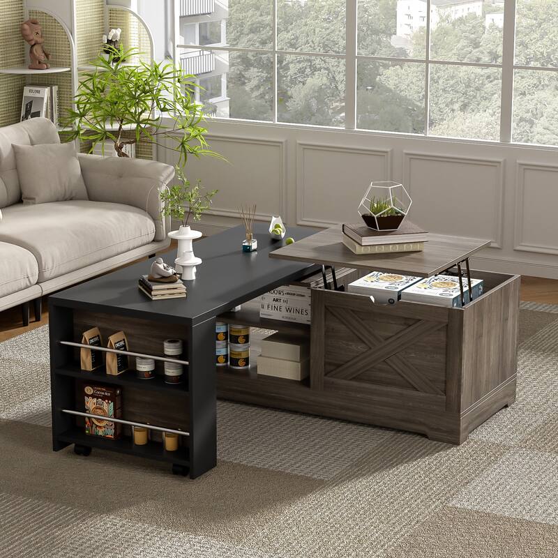 Farmhouse Lift Top Coffee Table, Wood Rectangular Center Table with Hidden Storage, Barn Doors, Open Cabinet - Brown+Black