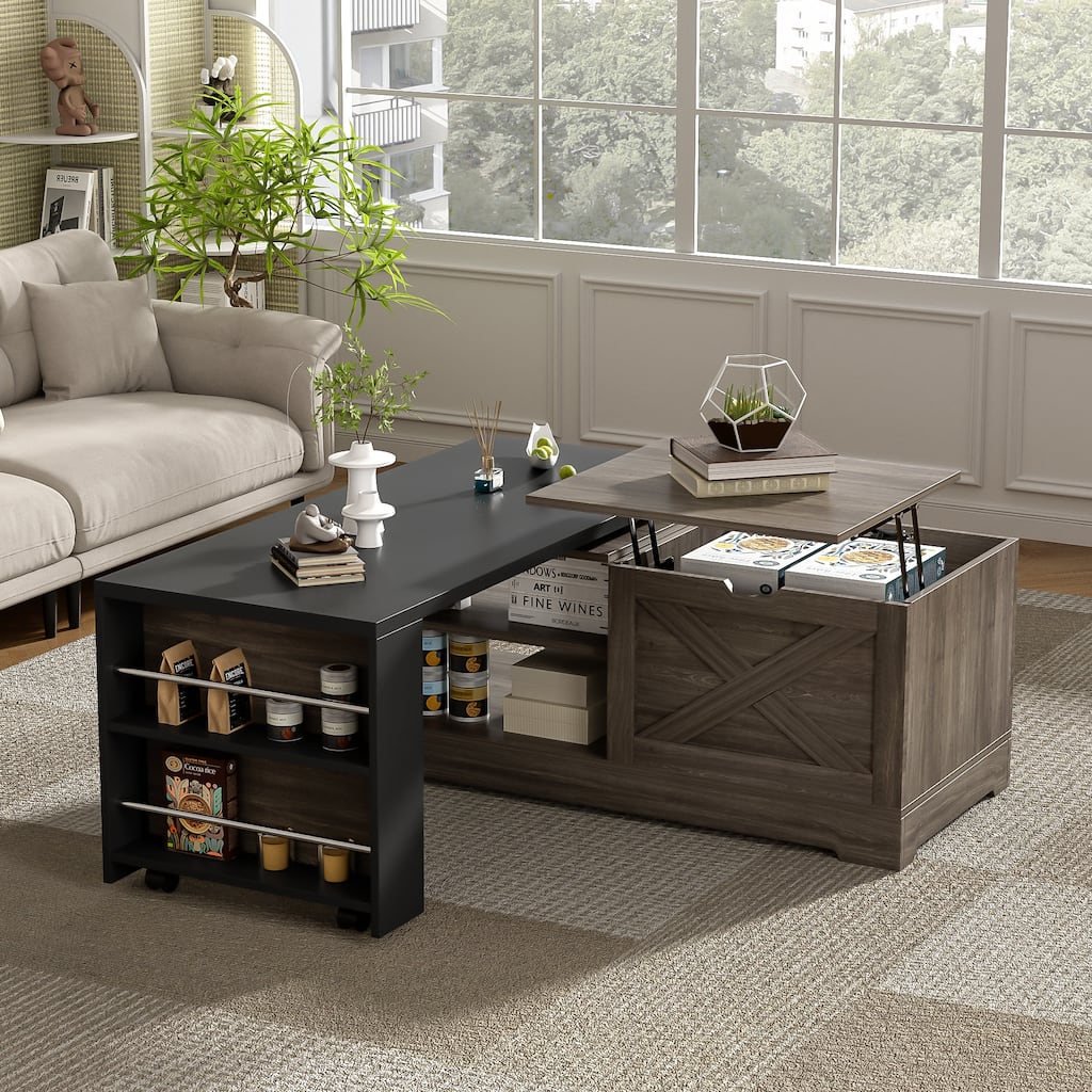 Farmhouse Lift Top Coffee Table With Barn Doors, Wood Rectangle Center Table, With Large Hidden Storage Space