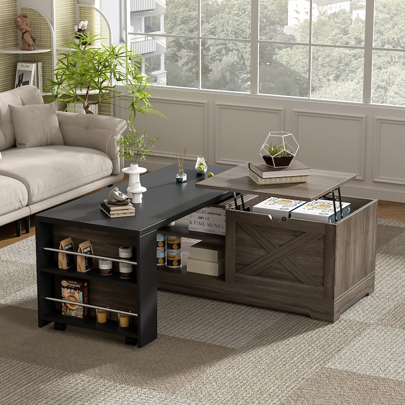 Farmhouse Lift Top Coffee Table with Barn Doors & Hidden Storage