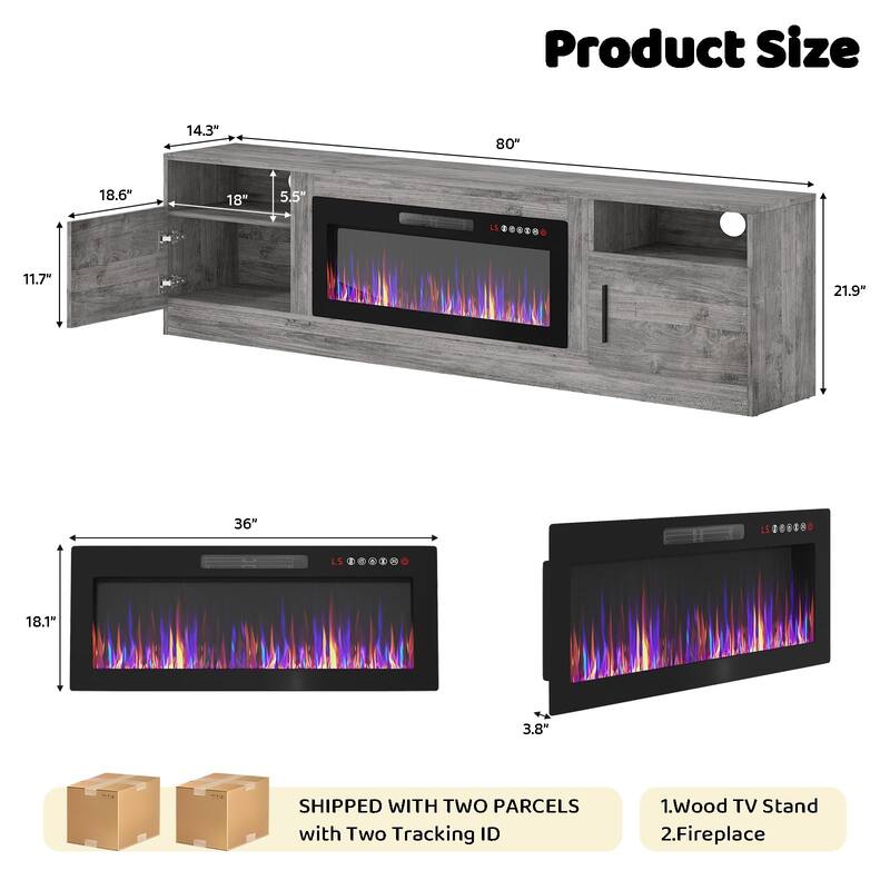 BOSSIN 80" Modern Electric Fireplace TV Stand with 20-Color LED Lights, Fits Up to 90" TV, Adjustable Shelves & Storage Cabinets