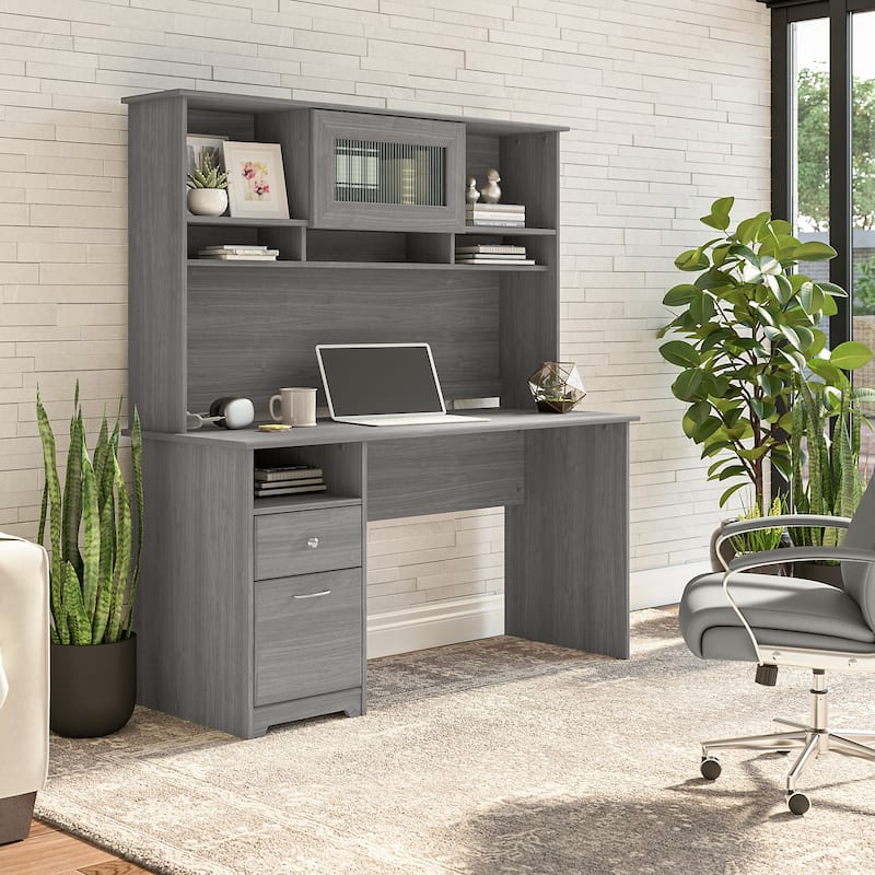 Cabot 60W Computer Desk with Hutch in Espresso Oak by Bush Furniture - Modern Gray