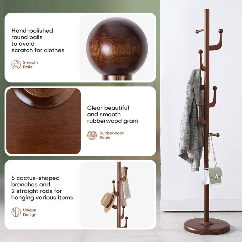 Rubberwood Freestanding Coat Rack Hanger with Hooks - 70.9"H/ 48"H x 15.8"W