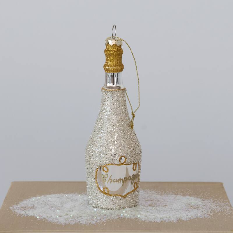 Glass Champagne Bottle Ornament with Glitter - 2.0"L x 2.0"W x 6.1"H