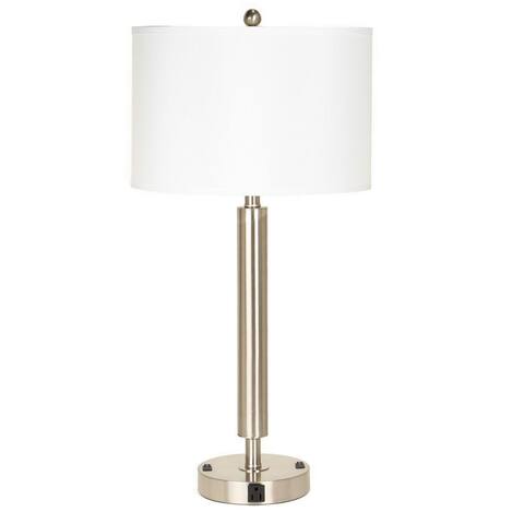 Metal Table Lamp with Fabric Drum Shade, Silver and White - 30 H x 15 W x 15 L Inches