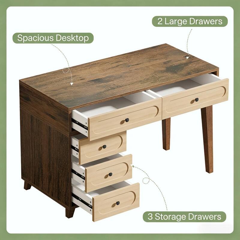 39" Retro Industrial Computer Desk with 5 Drawers, Adjustable Storage, Solid Wood Legs