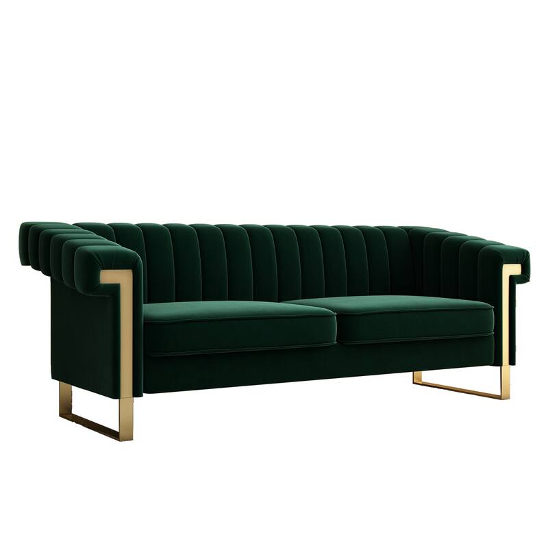 Leisure Sofa with Stainless Steel Metal Accents, Retro Green Velvet Upholstered Seat with Removable Cushions, Bedroom Loveseat