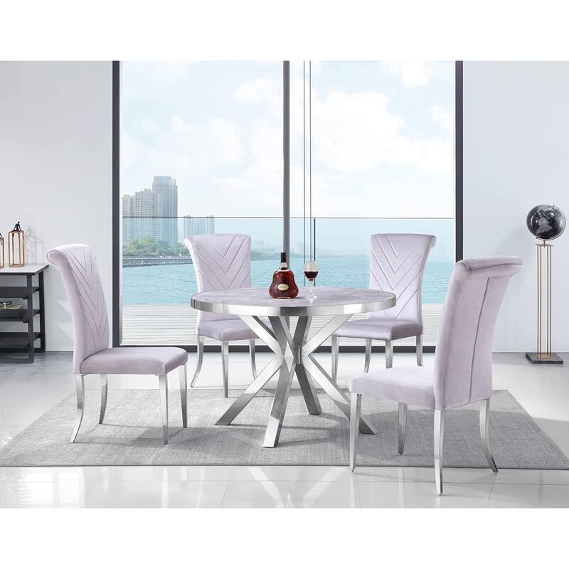 Round Dining Room Table with Silver Stainless Steel Metal Cross Base