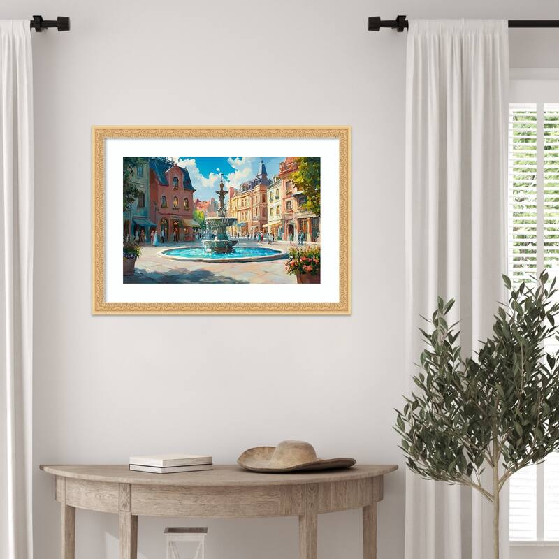 City Gathering Water Fountain by Tradelink inhouse artist Wood Framed Wall Art Print - Bethany Gold