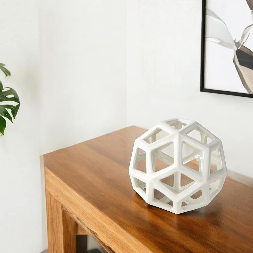 HomeRoots 7" White Ceramic Decorative Orb Tabletop Sculpture - 7"W x 7"D x 7"H