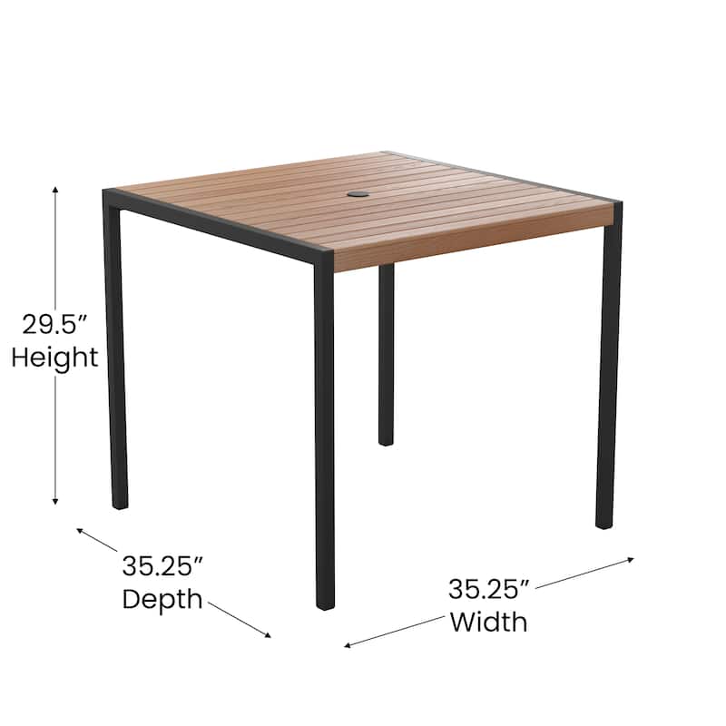 Black Steel Framed 36" Square Faux Teak Table with Umbrella Hole & 4 Club Chairs