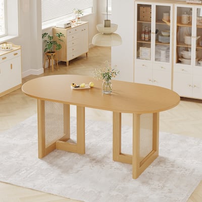 67" Dovelina Oval Dining Table with Rattan Double Pedestal for 6 People