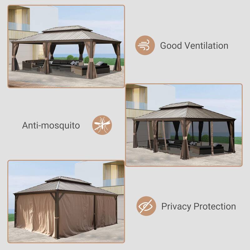 12' X 18' Hardtop Gazebo with Drainage System, Galvanized Steel Roof, Curtains, and Netting for Outdoor Living