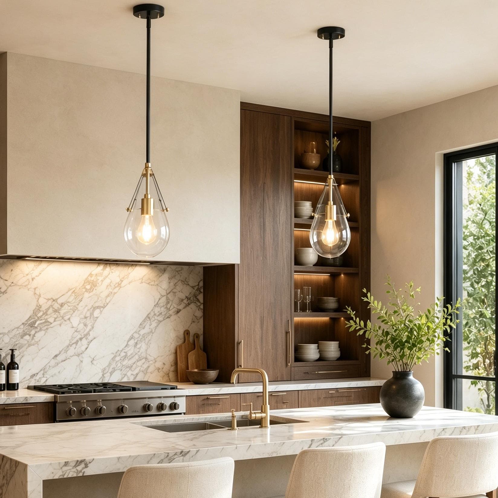 Cavitt Modern Transitional 1-Light Kitchen Pendant Light Tear Drop Unique Glass Bar Lighting - D 6.7" x H 74.1"