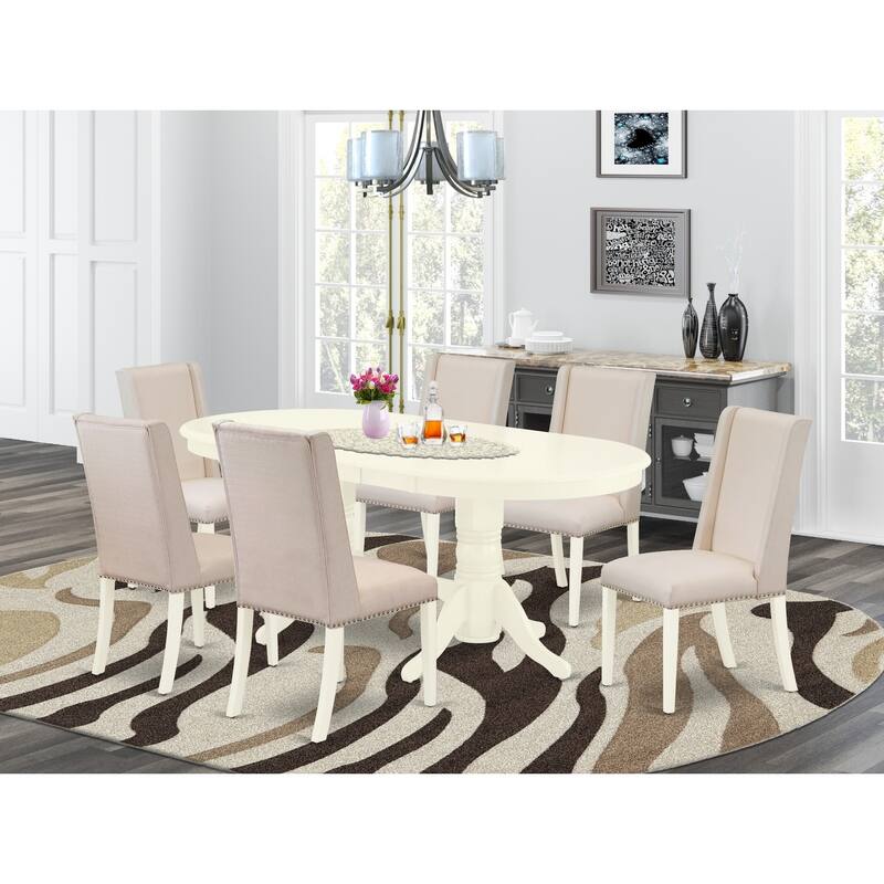 Coastal Cottage 7-Piece Dining Set - Round Table & 6 Parson Chairs - Linen White Finish - Solid Wood Kitchen Table - 76
