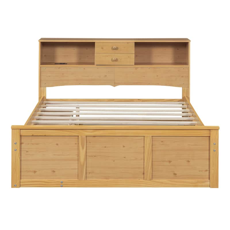 HomeRoots Natural Wood Full Bed Frame With Trundle And Drawers