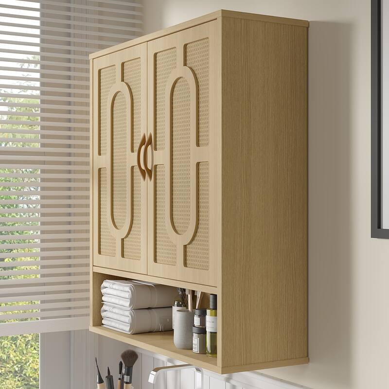 Javlergo Rattan Oak Wall Mounted Bathroom Storage Cabinet with Adjustable Shelves & Open Shelf Double Door Medicine Cabinet
