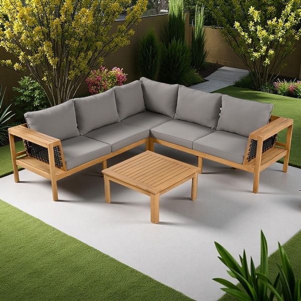 4-Pieces Outdoor Acacia Wood L-Shaped Sectional Sofa Set with