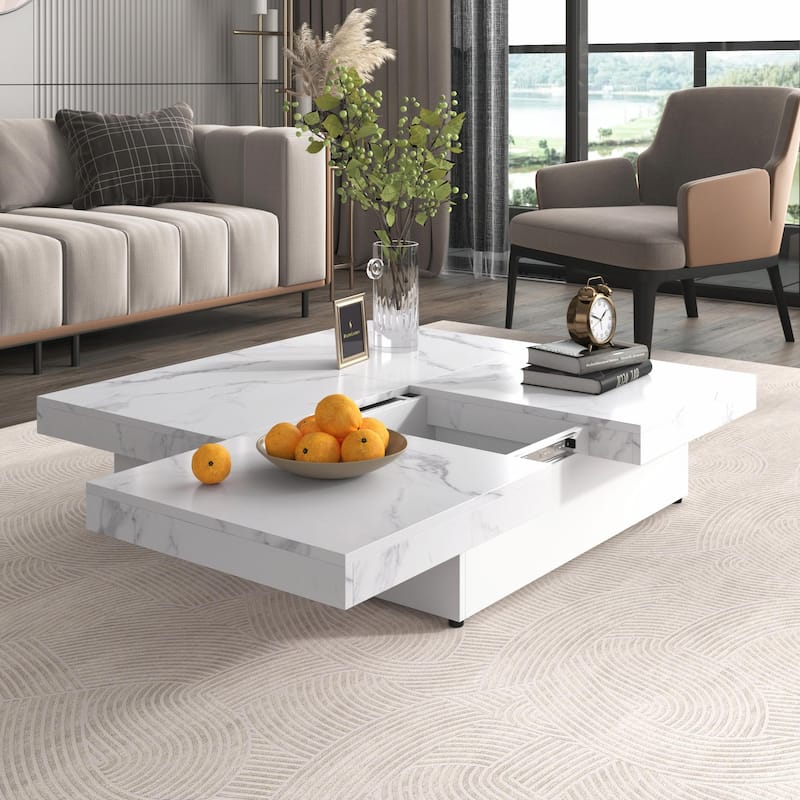 39.4'' Square Marble Veneer Coffee Table with Sliding Top Storage